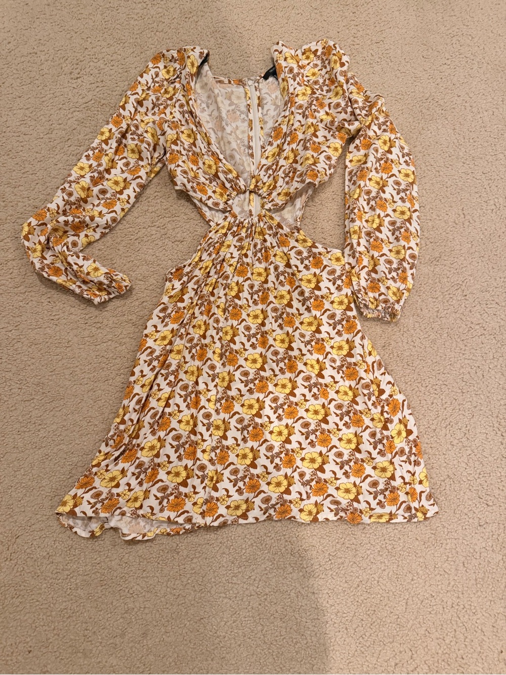 Forever 21 Yellow and Brown Floral Long-Sleeve Midi Dress
